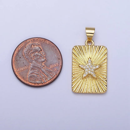 24K Gold Filled Star Celestial Clear CZ Micro Paved Sunburst Textured Tag Pendant | AA172