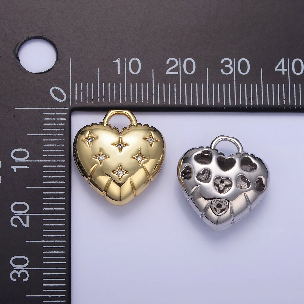 24K Gold Filled Star CZ Puffed Heart Charm in Gold &amp; Silver | H035