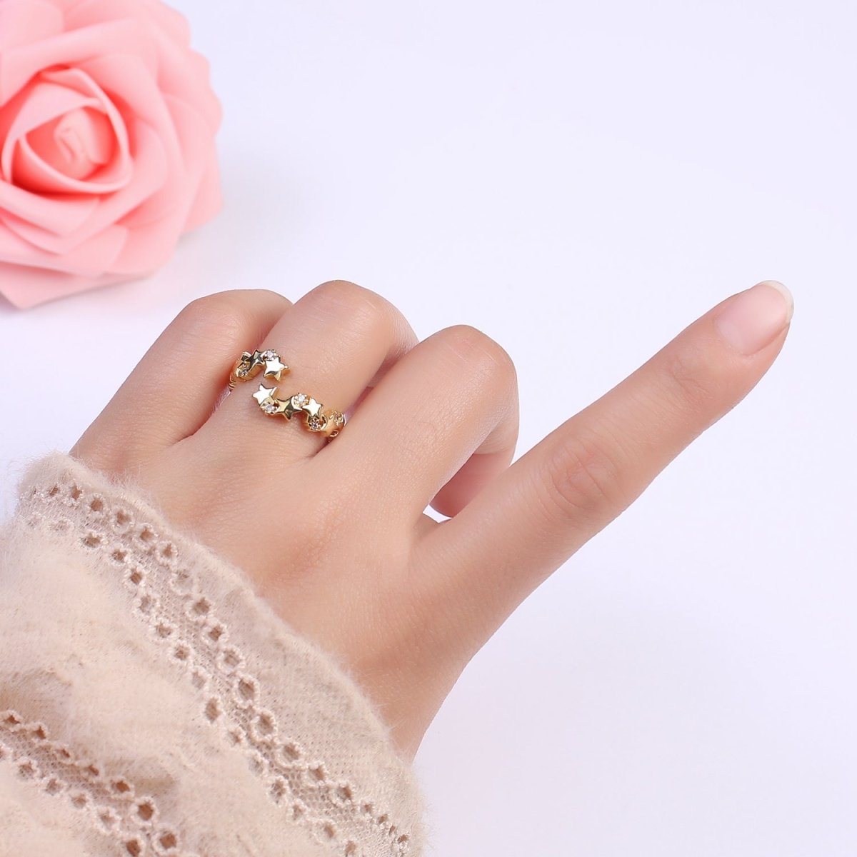 24K Gold Filled Star Link Chain Open Ring, Celestial Statement Ring with Crystal Zirconia CZ in Gold &amp; Silver S-323 S-324