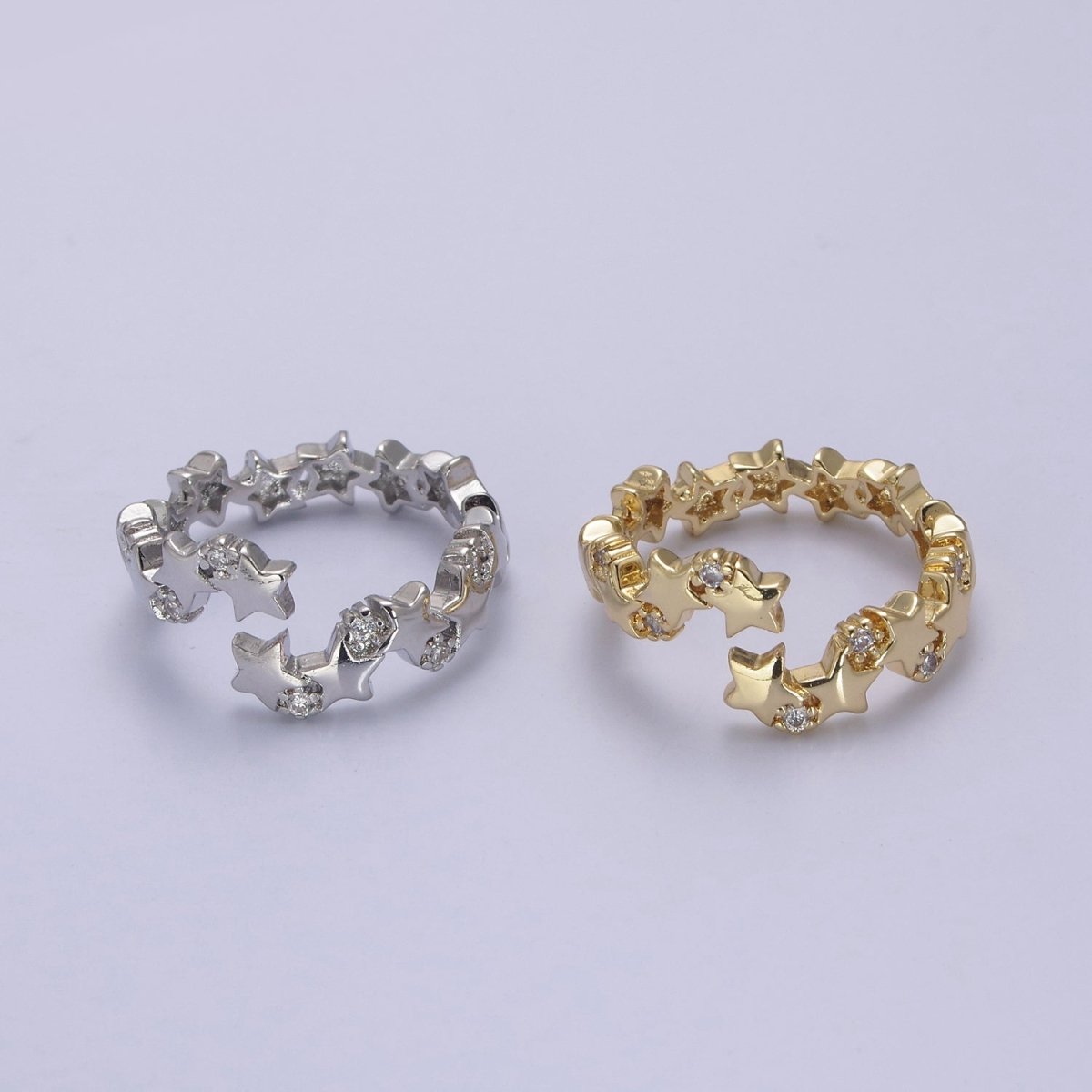 24K Gold Filled Star Link Chain Open Ring, Celestial Statement Ring with Crystal Zirconia CZ in Gold &amp; Silver S-323 S-324