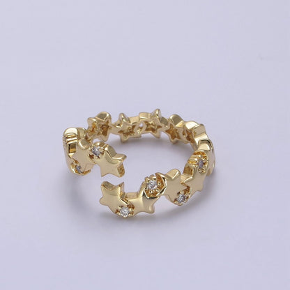 24K Gold Filled Star Link Chain Open Ring, Celestial Statement Ring with Crystal Zirconia CZ in Gold &amp; Silver S-323 S-324