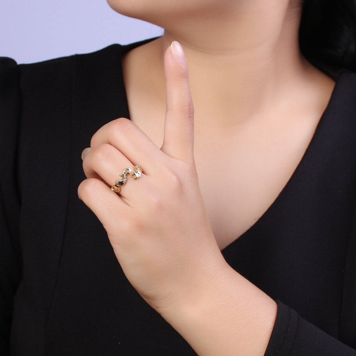 24K Gold Filled Star Link Chain Open Ring, Celestial Statement Ring with Crystal Zirconia CZ in Gold &amp; Silver S-323 S-324