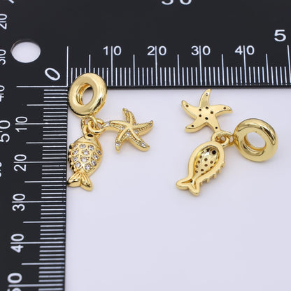 24K Gold Filled Starfish Sardine Fish Micro Paved CZ Rondelle Drop Charm | AC1644