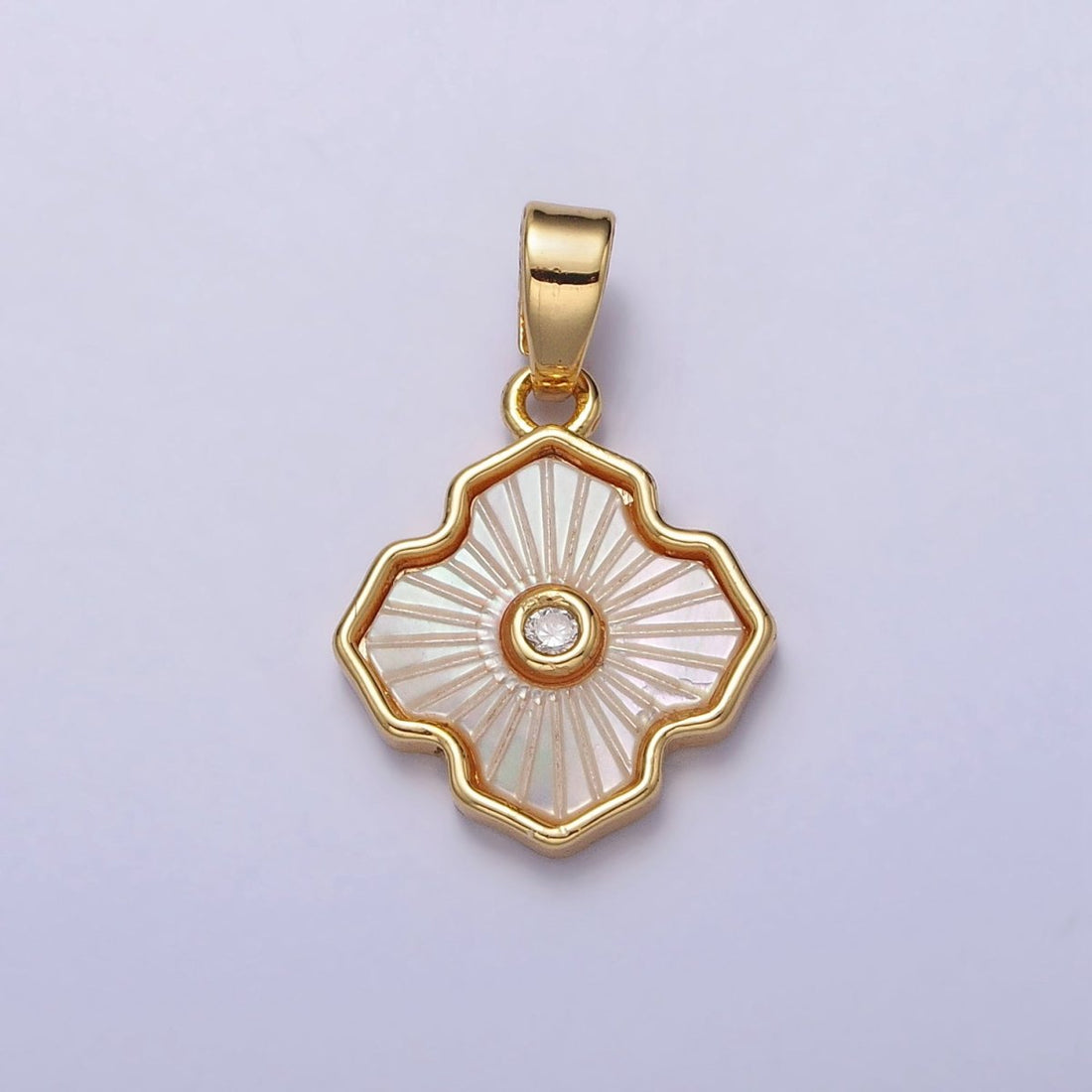 24K Gold Filled Stripped Shell Pearl Flower Clover CZ Geometric Pendant | AA105