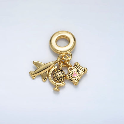 24K Gold Filled Suitcase Globe Airplane Rhondelle Bail Triple Travel Drop Pendant | AC088