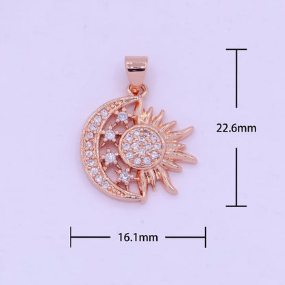 24K Gold Filled Sun and Moon Charm- Micro Pave Celestial Sunshine Charm, Crescent Moon, Sun ray Pendant for Necklace Earring Supply I-912 X-457 X-459