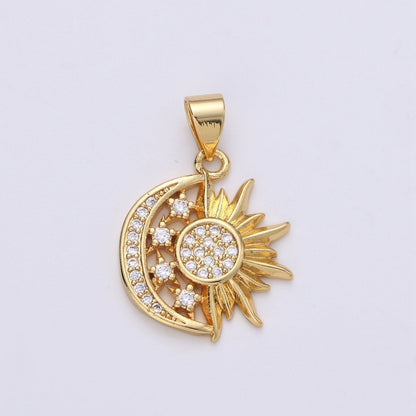 24K Gold Filled Sun and Moon Charm- Micro Pave Celestial Sunshine Charm, Crescent Moon, Sun ray Pendant for Necklace Earring Supply I-912 X-457 X-459