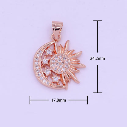 24K Gold Filled Sun and Moon Charm- Micro Pave Celestial Sunshine Charm, Crescent Moon, Sun ray Pendant for Necklace Earring Supply I-912 X-457 X-459