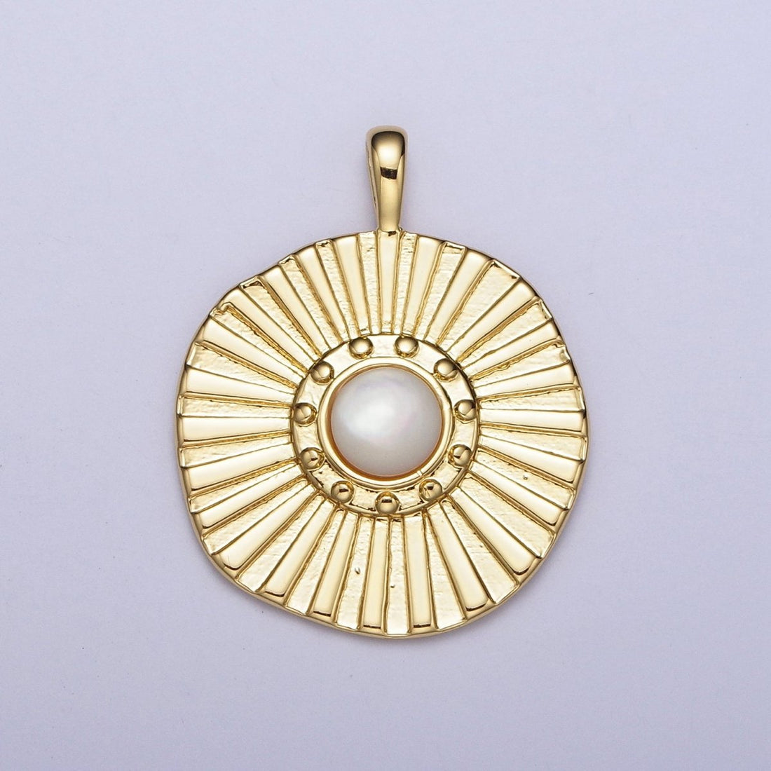 24K Gold Filled Sun Beam White Pearl Round Textured Pendant H-327