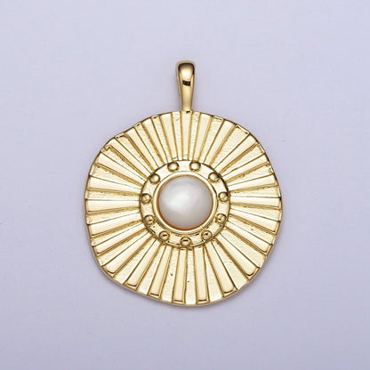 24K Gold Filled Sun Beam White Pearl Round Textured Pendant H-327
