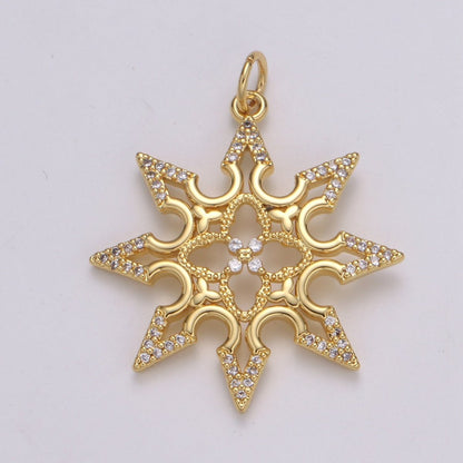 24K Gold Filled Sun CZ Pendant, Micro Pave Cubic Zirconia Star Sun Burst Charm, Celestial Charm 31x25mm E-211