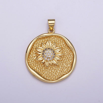 24K Gold Filled Sun Flower Pendant Sunflower Charm Round Disc Charm N-531