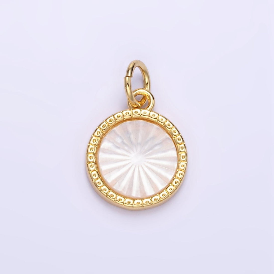24K Gold Filled Sunburst Shell Pearl Bezel Round Charm | E354