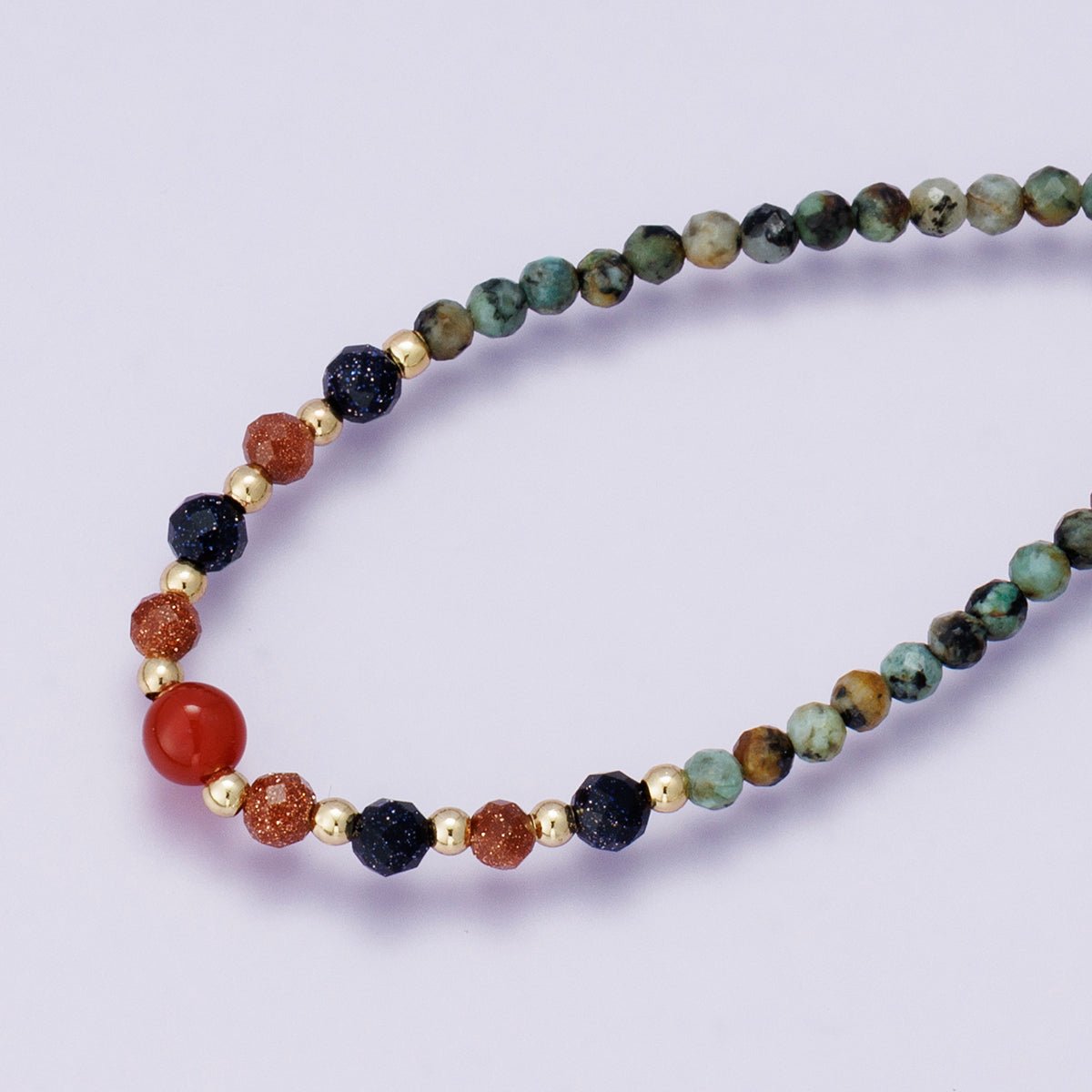 24K Gold Filled Sunstone Amazonite Round Multifaceted Gemstone Figaro Chain Half 18 Inch Necklace w. Extender | WA-04227