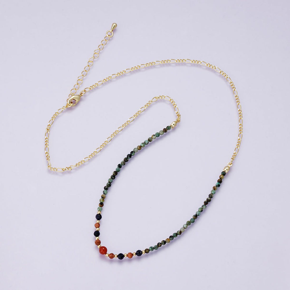 24K Gold Filled Sunstone Amazonite Round Multifaceted Gemstone Figaro Chain Half 18 Inch Necklace w. Extender | WA-04227