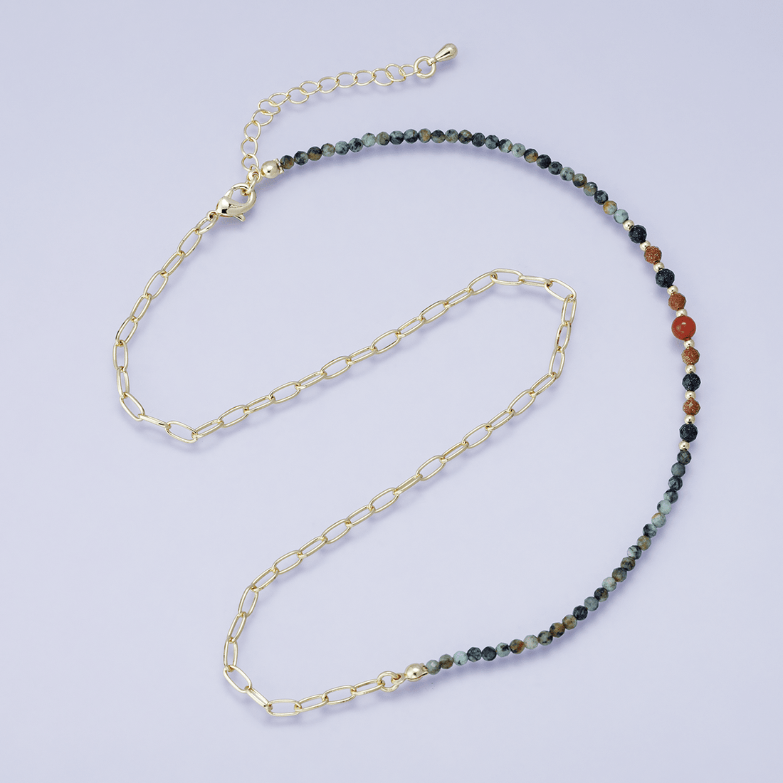 24K Gold Filled Sunstone Amazonite Round Multifaceted Gemstone Paperclip Chain Half 17.5 Inch Necklace w. Extender | WA-04201
