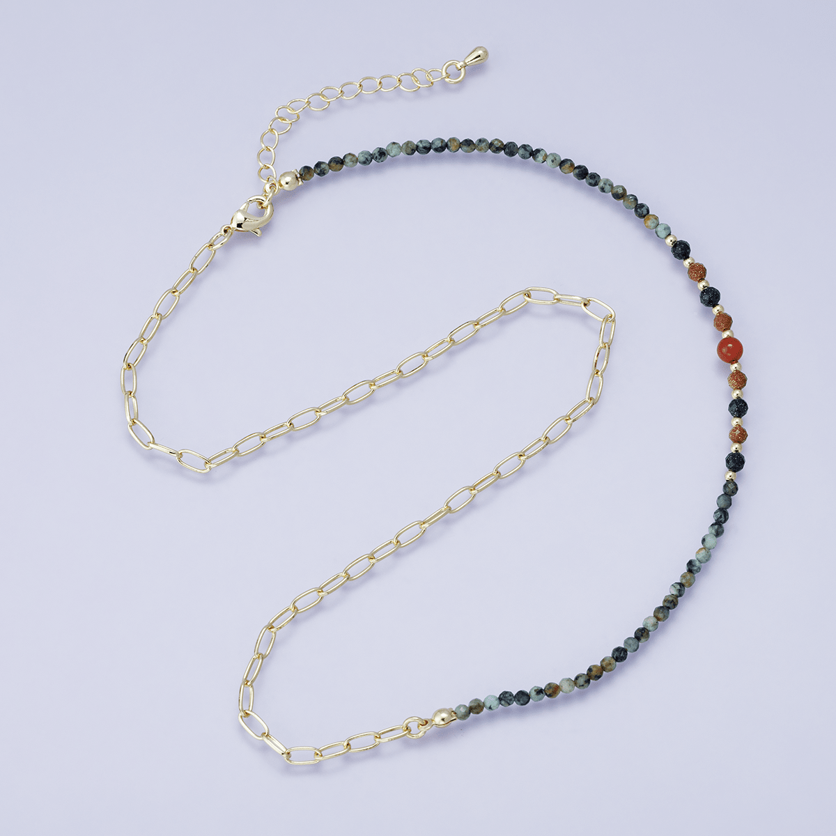 24K Gold Filled Sunstone Amazonite Round Multifaceted Gemstone Paperclip Chain Half 17.5 Inch Necklace w. Extender | WA-04201