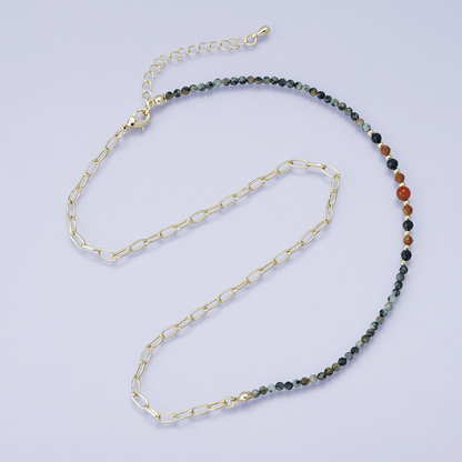 24K Gold Filled Sunstone Amazonite Round Multifaceted Gemstone Paperclip Chain Half 17.5 Inch Necklace w. Extender | WA-04201