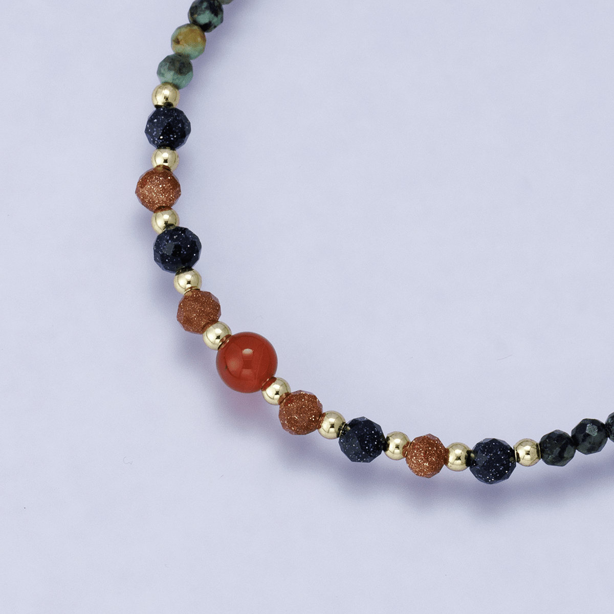 24K Gold Filled Sunstone Amazonite Round Multifaceted Gemstone Paperclip Chain Half 17.5 Inch Necklace w. Extender | WA-04201