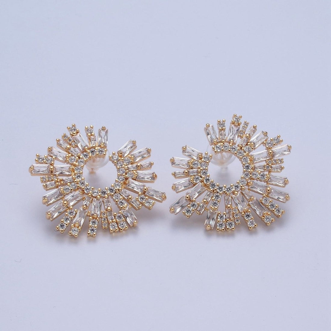 24K Gold Filled Tapered Baguette Sunburst Cubic Zirconia Stud Earrings P-421