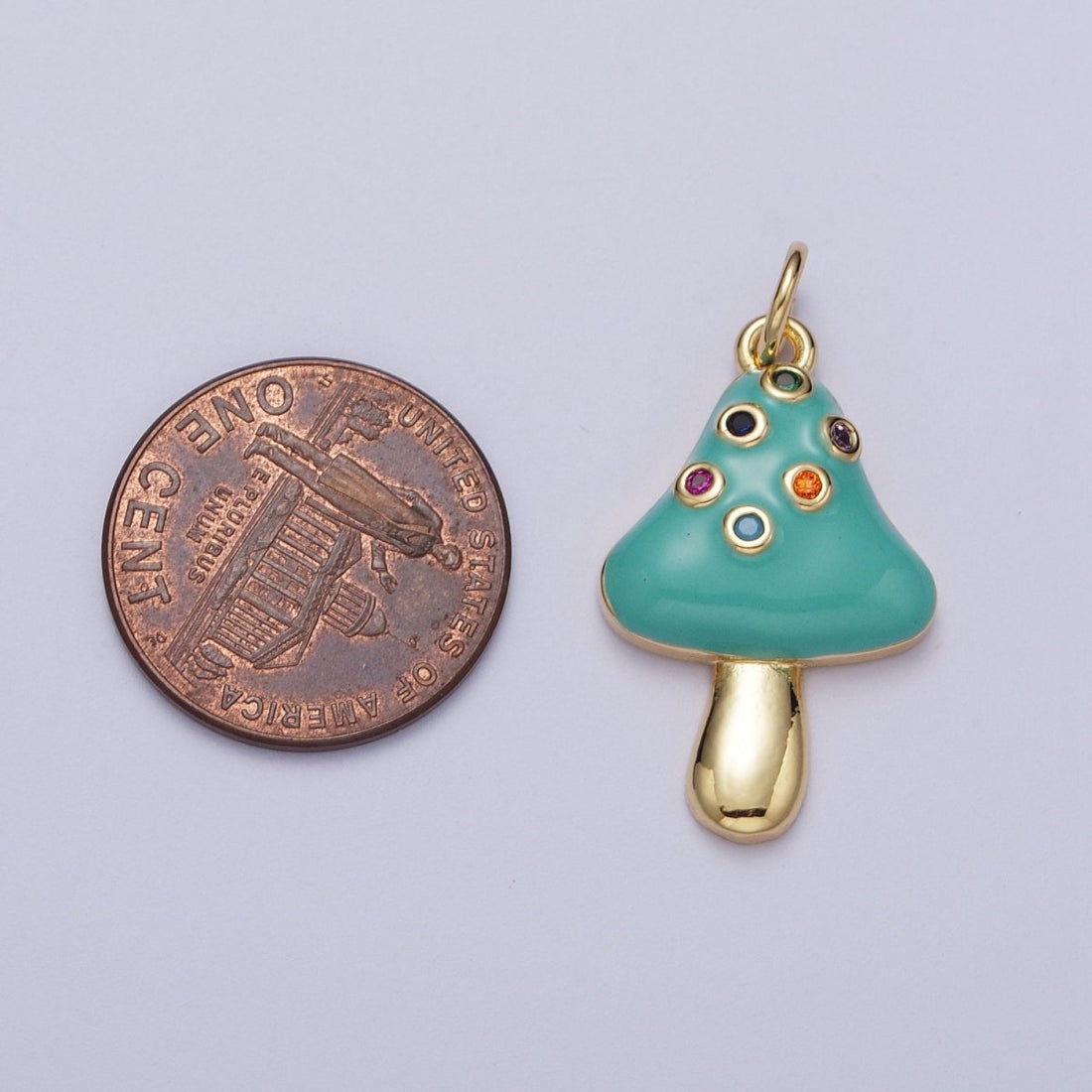 24K Gold Filled Teal Mushroom Multicolor Round Cubic Zirconia Charm | C-222