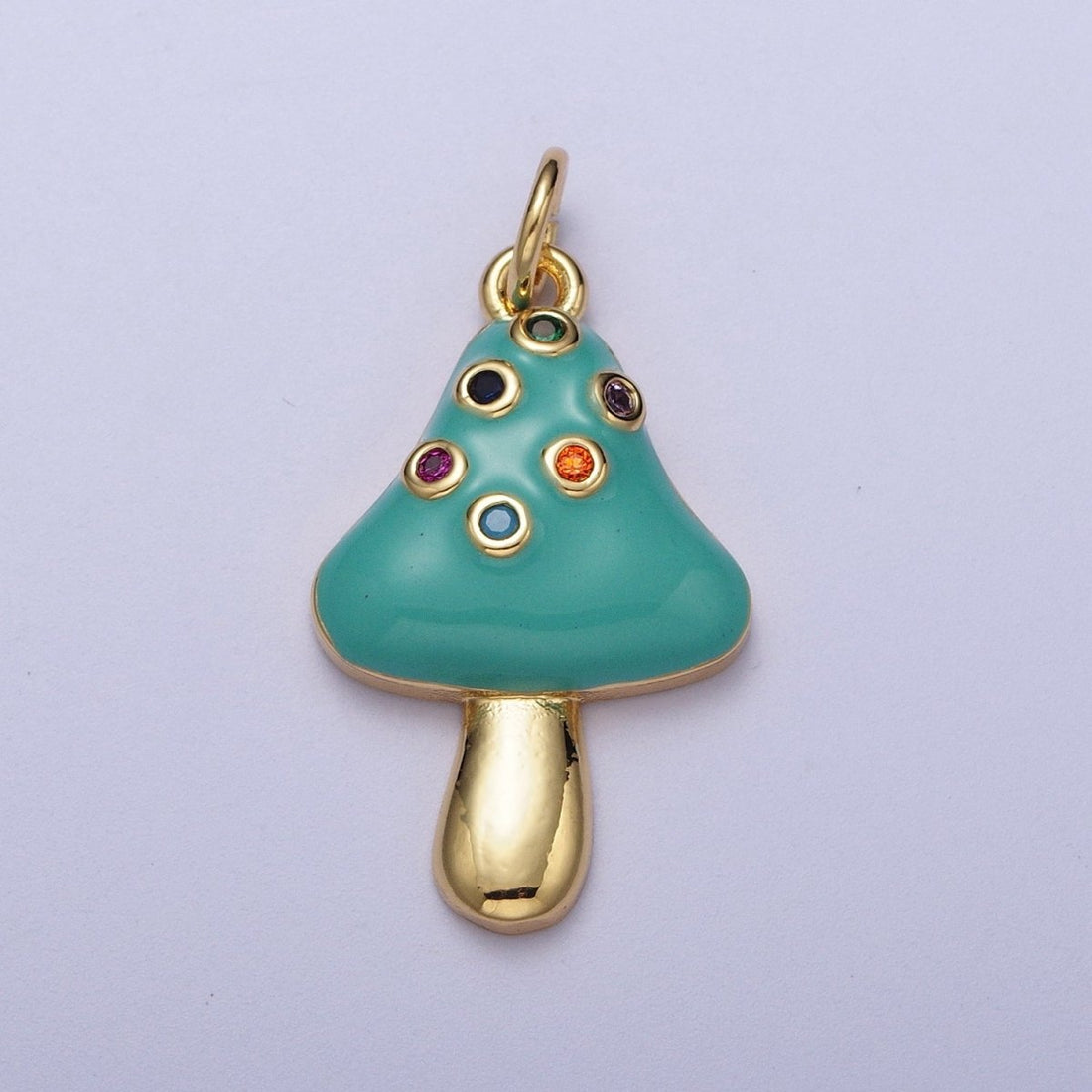 24K Gold Filled Teal Mushroom Multicolor Round Cubic Zirconia Charm | C-222