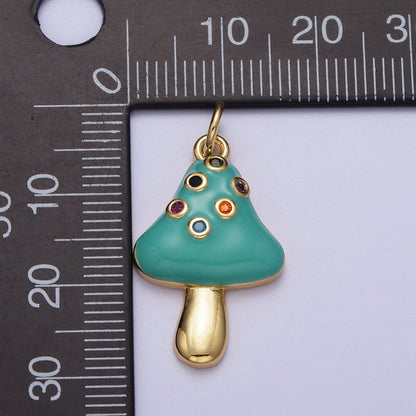 24K Gold Filled Teal Mushroom Multicolor Round Cubic Zirconia Charm | C-222