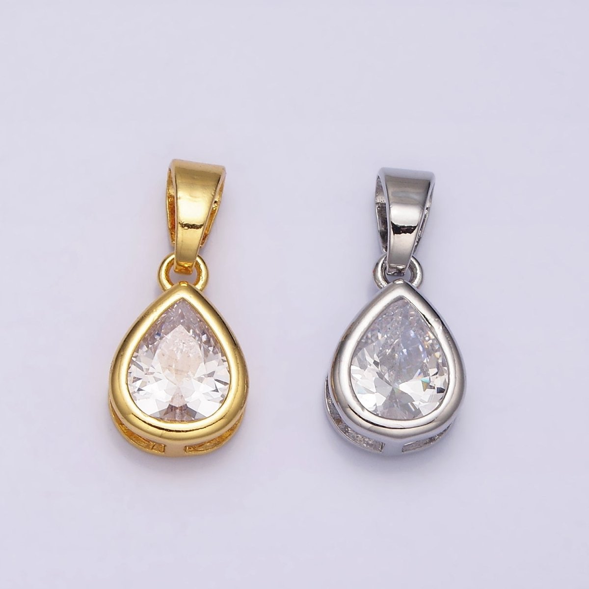 24K Gold Filled Teardrop Clear CZ Bezel Mini Pendant in Gold &amp; Silver | AA443 AA444