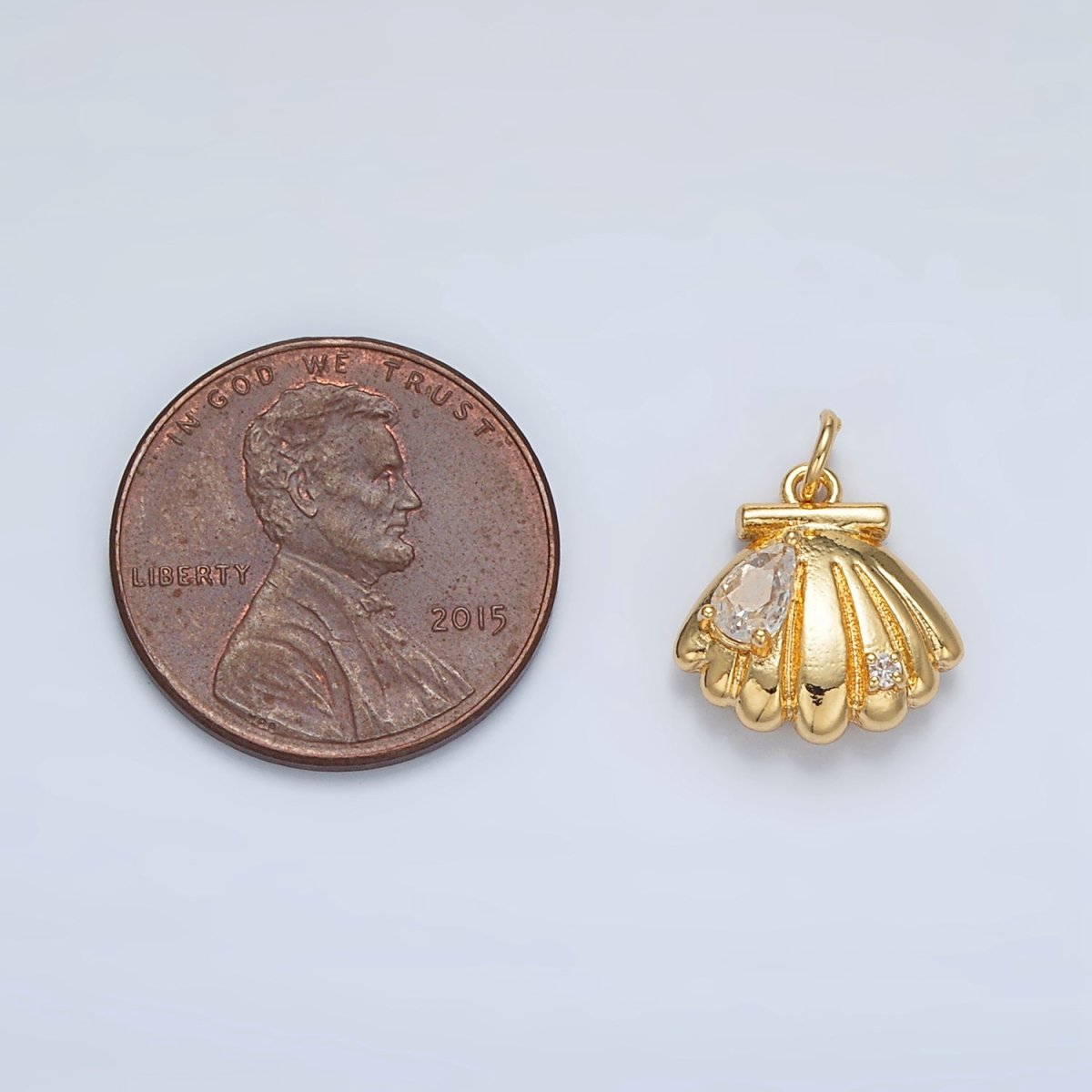 24K Gold Filled Teardrop CZ Clam Sea Shell Puffed Charm | AC160
