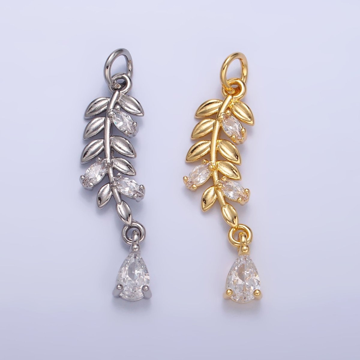 24K Gold Filled Teardrop CZ Leaf Nature Charm in Gold &amp; Silver | W449