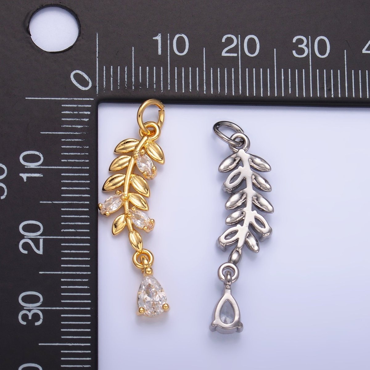 24K Gold Filled Teardrop CZ Leaf Nature Charm in Gold &amp; Silver | W449