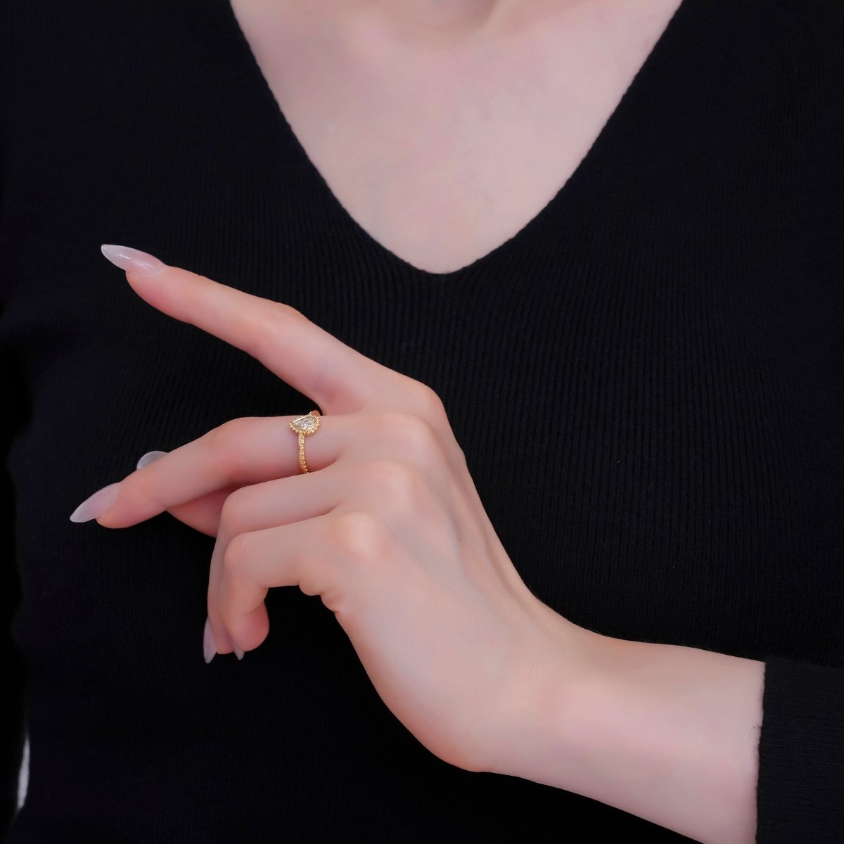 24K Gold Filled Teardrop CZ Micro Paved Dotted Ring in Silver &amp; Gold | O730 O731
