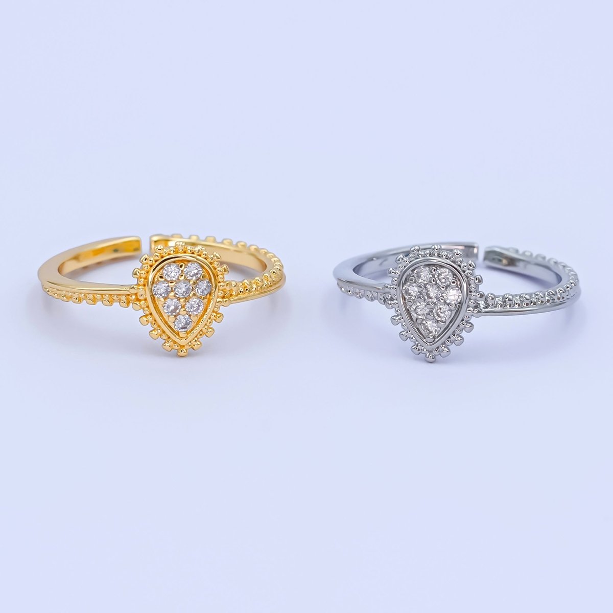 24K Gold Filled Teardrop CZ Micro Paved Dotted Ring in Silver &amp; Gold | O730 O731