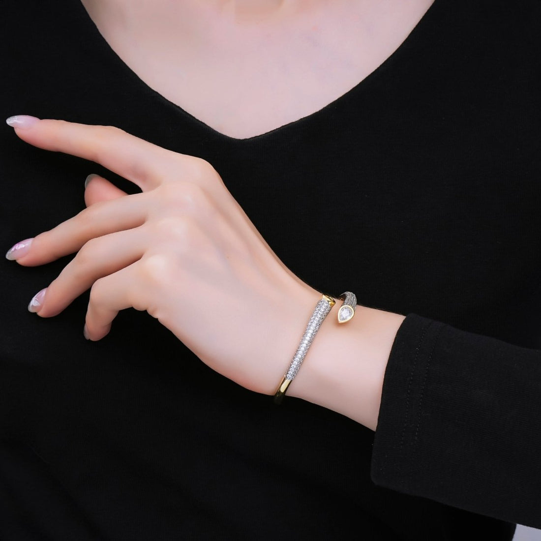 24K Gold Filled Teardrop CZ Micro Paved Wrap Bangle Bracelet | WA-1463