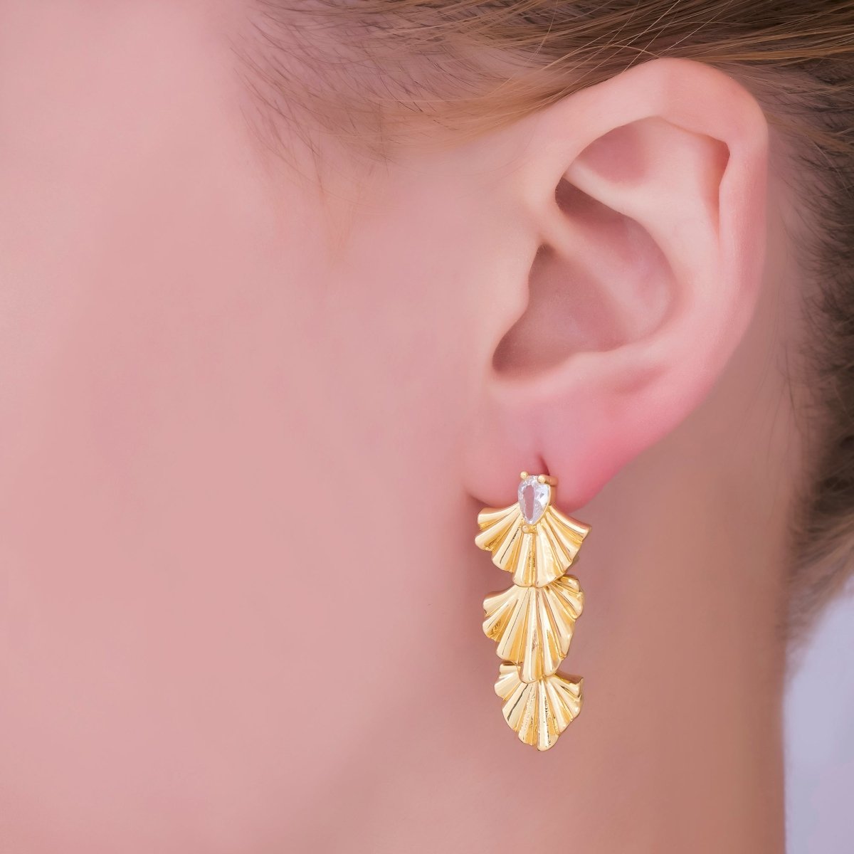 24K Gold Filled Teardrop CZ Sunburst Foil Drop Stud Earrings | AI438