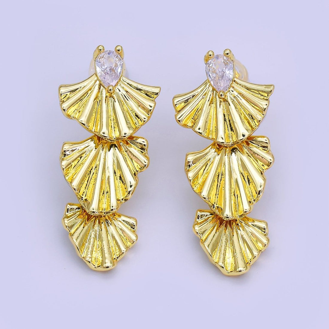 24K Gold Filled Teardrop CZ Sunburst Foil Drop Stud Earrings | AI438