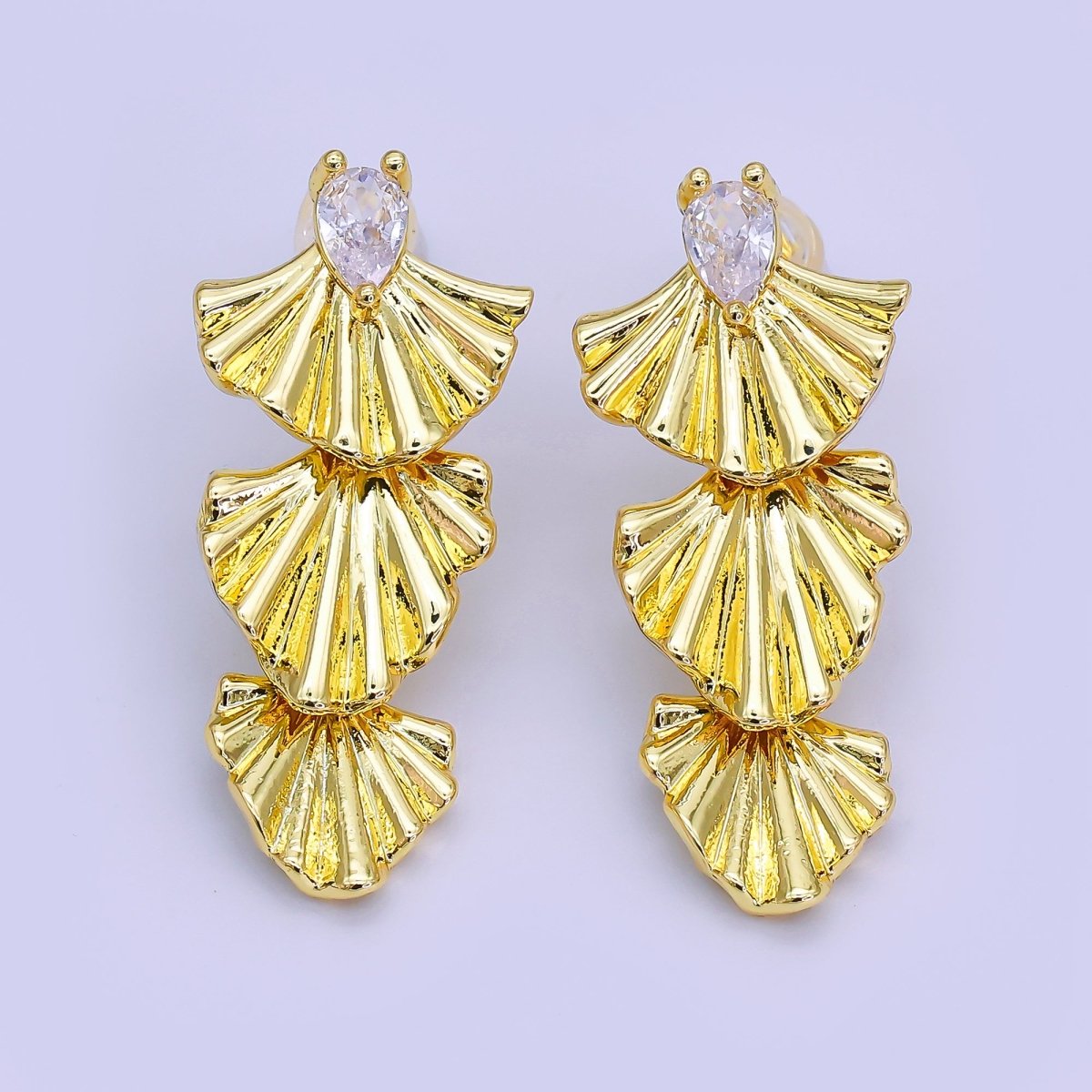 24K Gold Filled Teardrop CZ Sunburst Foil Drop Stud Earrings | AI438