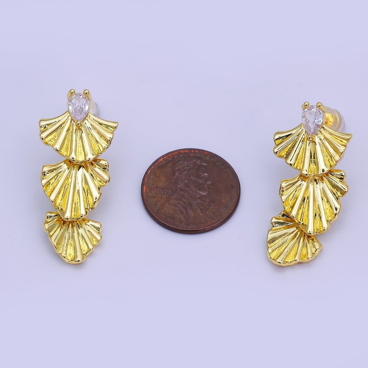24K Gold Filled Teardrop CZ Sunburst Foil Drop Stud Earrings | AI438
