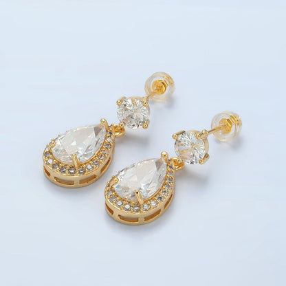 24K Gold Filled Teardrop Micro Paved CZ Drop Stud Earrings | AD752