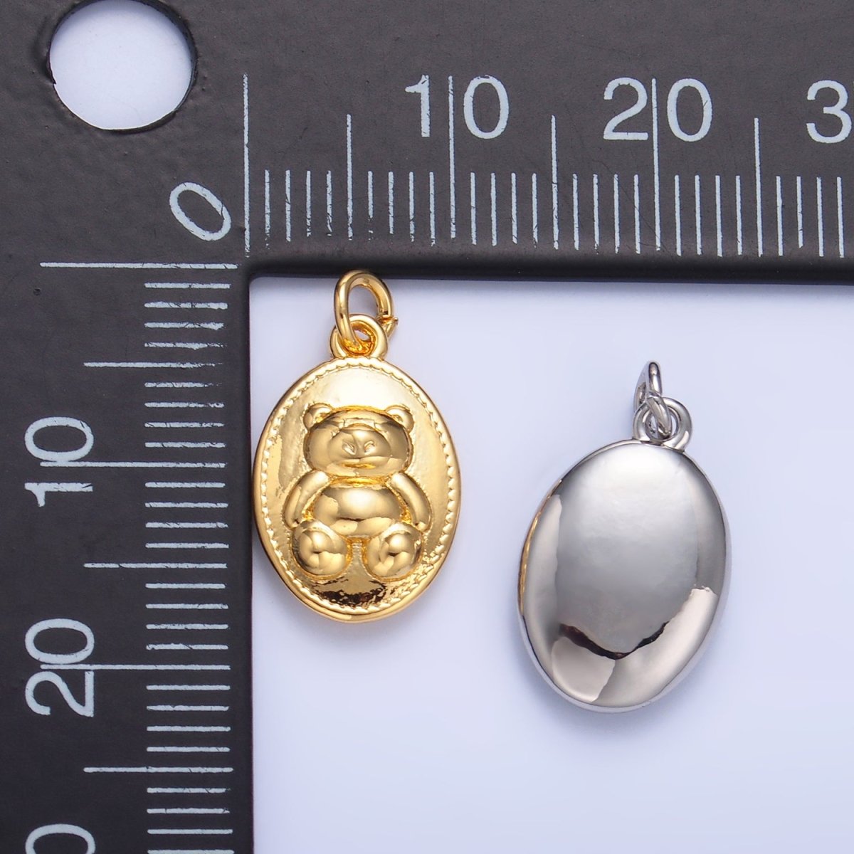 24K Gold Filled Teddy Bear Oval Charm in Gold &amp; Silver | W217