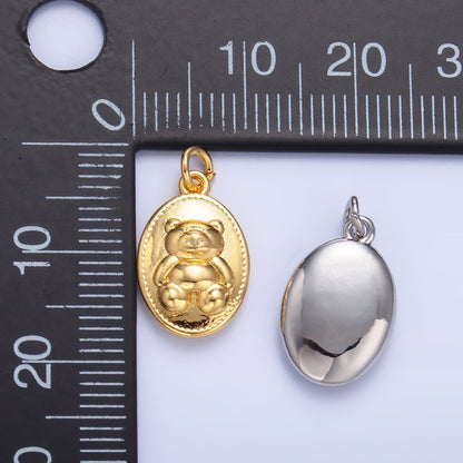 24K Gold Filled Teddy Bear Oval Charm in Gold &amp; Silver | W217