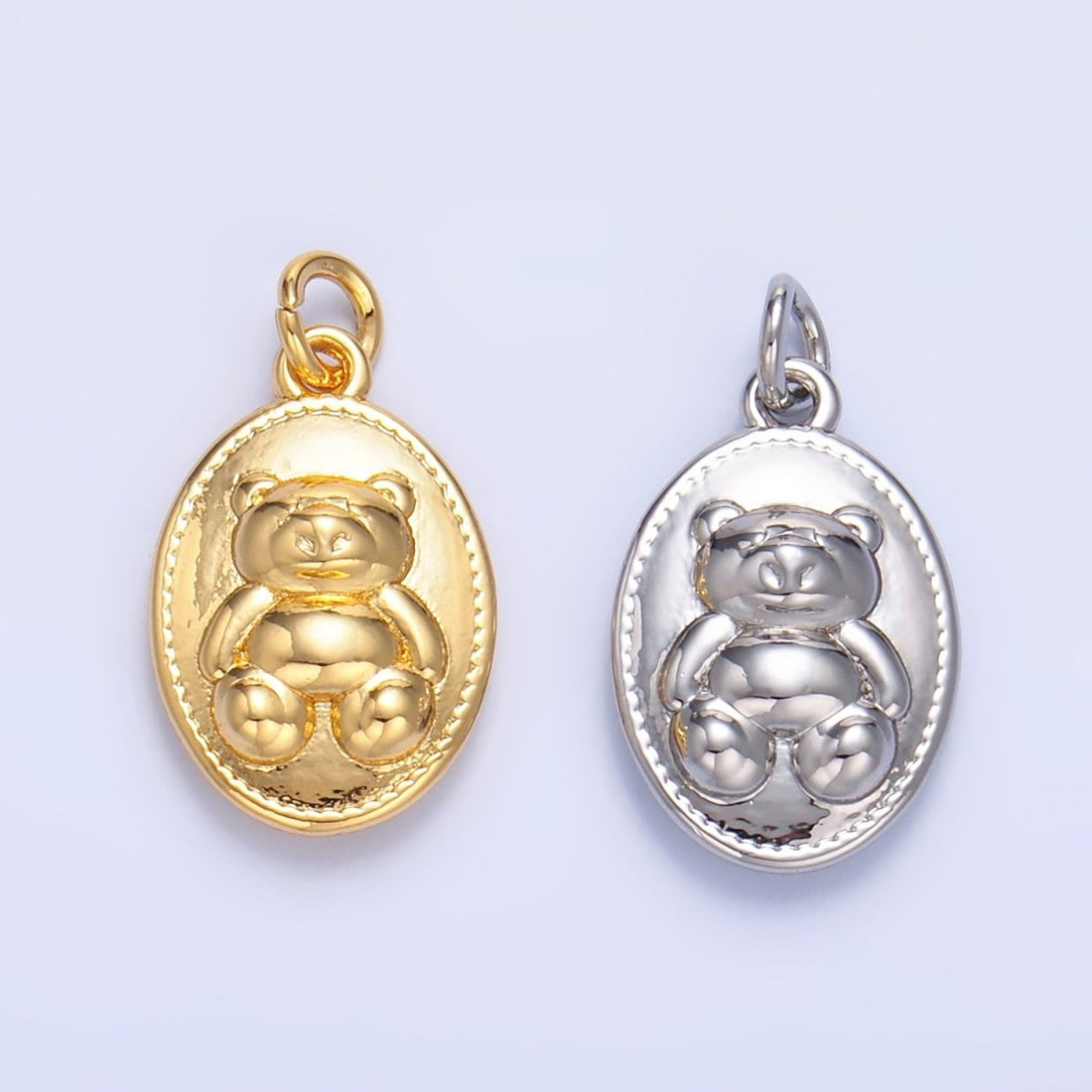 24K Gold Filled Teddy Bear Oval Charm in Gold &amp; Silver | W217