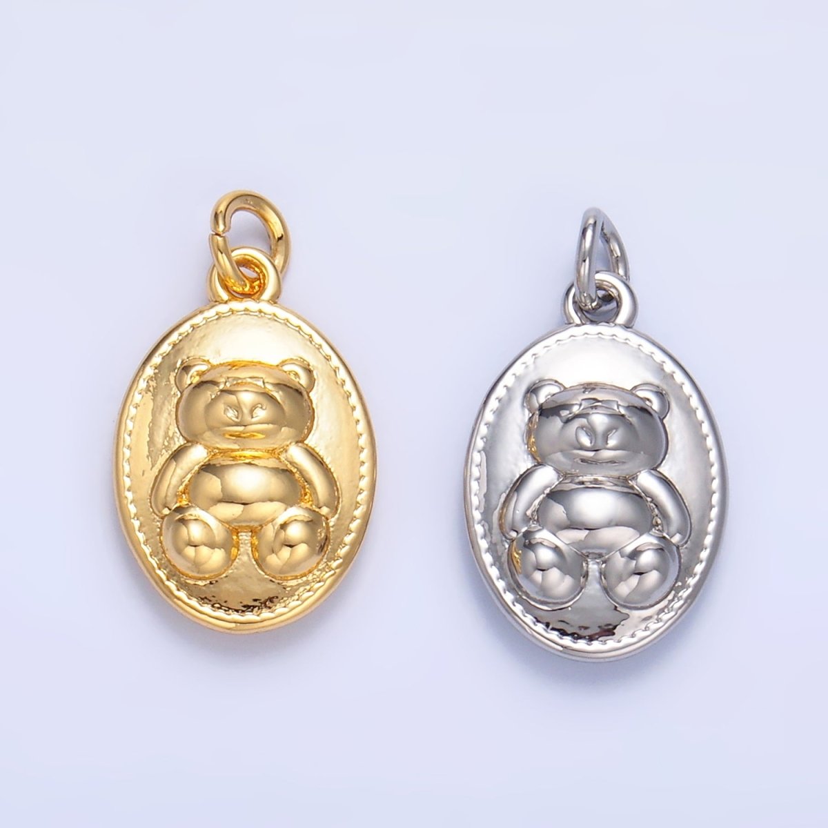 24K Gold Filled Teddy Bear Oval Charm in Gold &amp; Silver | W217