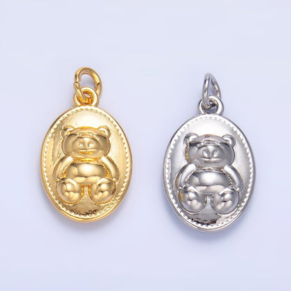 24K Gold Filled Teddy Bear Oval Charm in Gold &amp; Silver | W217