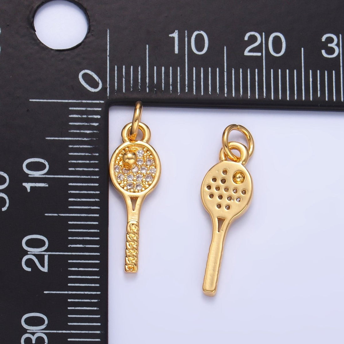 24K Gold Filled Tennis Racket Micro Paved CZ Sports Multidimensional 3D Charm | W117