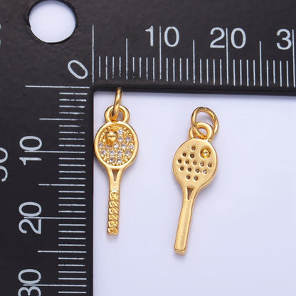 24K Gold Filled Tennis Racket Micro Paved CZ Sports Multidimensional 3D Charm | W117