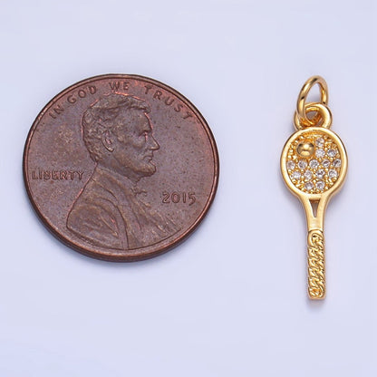 24K Gold Filled Tennis Racket Micro Paved CZ Sports Multidimensional 3D Charm | W117