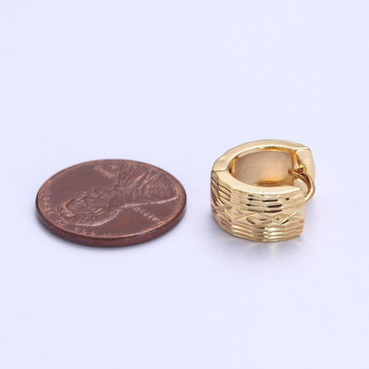 24K Gold Filled Textured Carved Lines Wide Huggie Hoop Earrings T-184