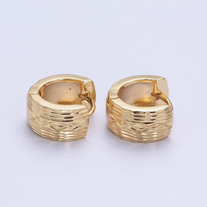 24K Gold Filled Textured Carved Lines Wide Huggie Hoop Earrings T-184