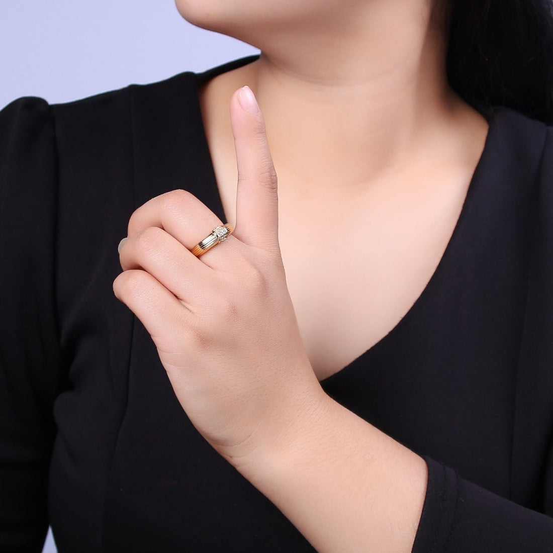 24K Gold Filled Textured Gold Band with Clear Crystal Zirconia, Open Adjustable Ring | U-382